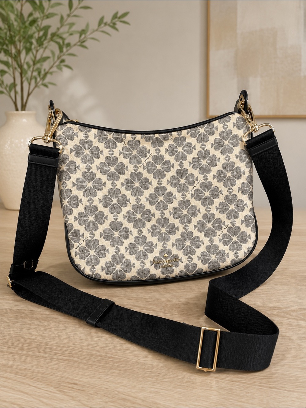 kate spade Cream and Black Spade Shoulder Bag with Black Strap